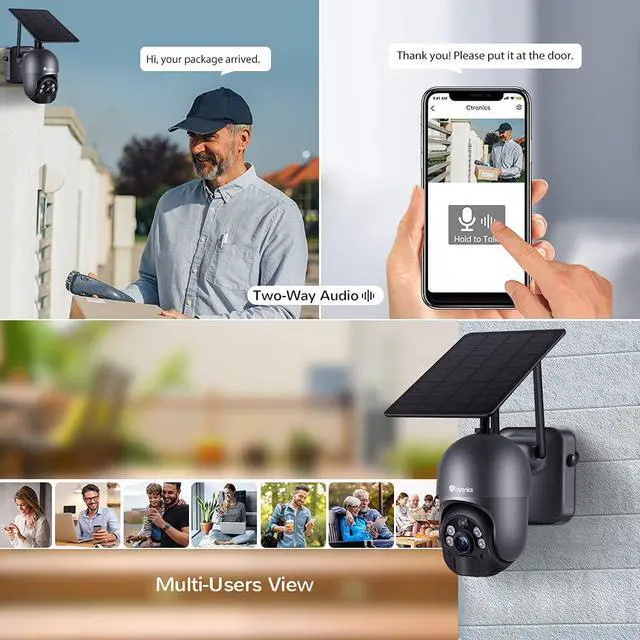 Alt view image 5 of 7 - Ctronics 3MP Solar Security Camera Wireless Outdoor WiFi, PTZ Surveillacne Camera Battery-Powered for Home Security, 360° View, Spotlight Color Night Vision, PIR Human Detection, 2-Way Audio (Grey)