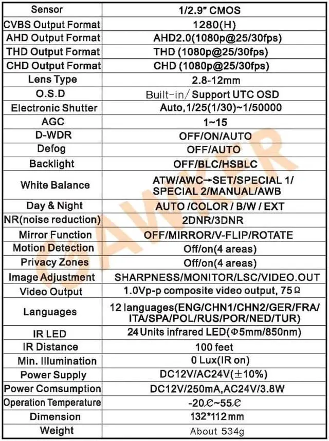Alt view image 3 of 3 - GAWKER G1083PDIR Dome CCTV Security Camera, 1080P HD-TVI/AHD/CVI and CVBS(Default) Video Out switchable, True Day&Night, IP66 Vandal Proof, 2.8-12mm Lens, IR Smart, DC12V/AC24V.
