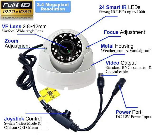 Alt view image 6 of 7 - 1stPV 1080P True-HD 4in1 (TVI, AHD, CVI, CVBS) CCTV Security D/N Out/Indoor Color IR Dome Camera 2.8-12mm Varifocal Lens 2.4 Megapixel STARVIS WDR Weather/Vandalproof Metal Housing 12VDC (White)