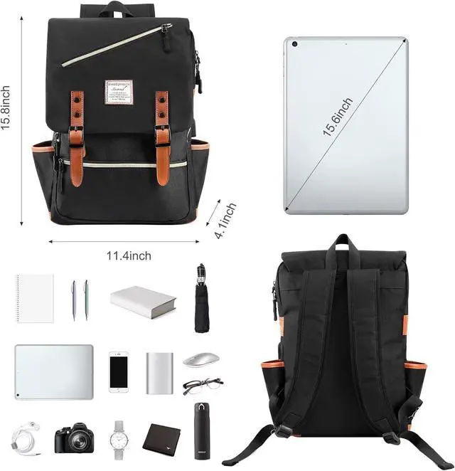 Alt view image 5 of 6 - Vintage Laptop Backpack with USB Charging Port, Backpack for College Fits up to 15.6 Inch Laptop Computer Backpack Casual Rucksack for Men Women (Black)