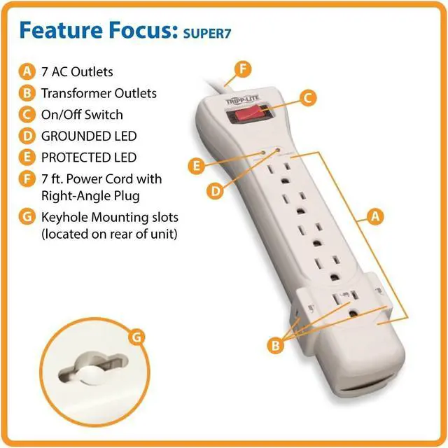 Alt view image 19 of 20 - Eaton Tripp Lite Series Protect It! 7-Outlet Surge Protector, 7 ft. Cord with Right-Angle Plug, 2160 Joules, Diagnostic LEDs, Light Gray Housing - 7 x NEMA 5-15R - 1800 VA - 2160 J - 120 V AC Input - 120 V AC Output - 7 ft