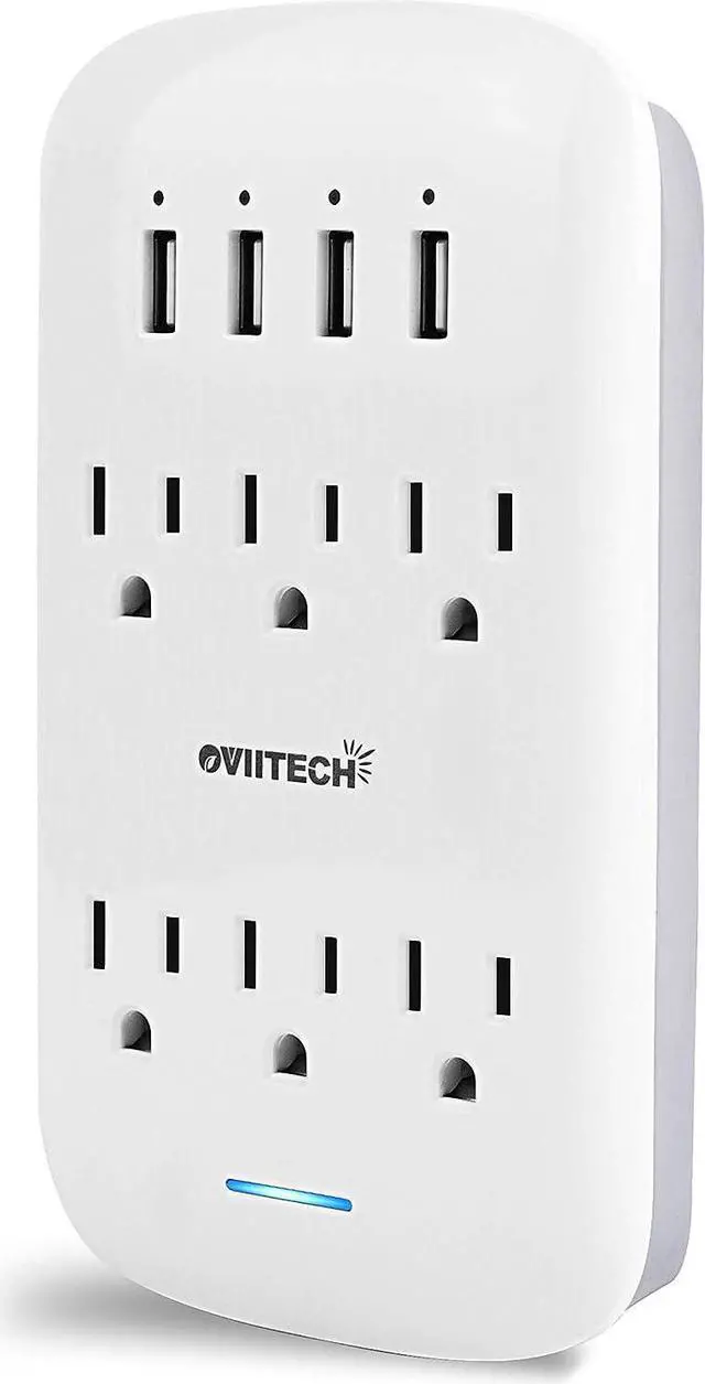 Main image of oviitech 6 Outlet Extender with 4 USB Charging Ports(4.2A Total),Wall Mount Outlet Plugs 900 Joules Wall Surge Protector and Top Phone Holder,ETL Listed,White.