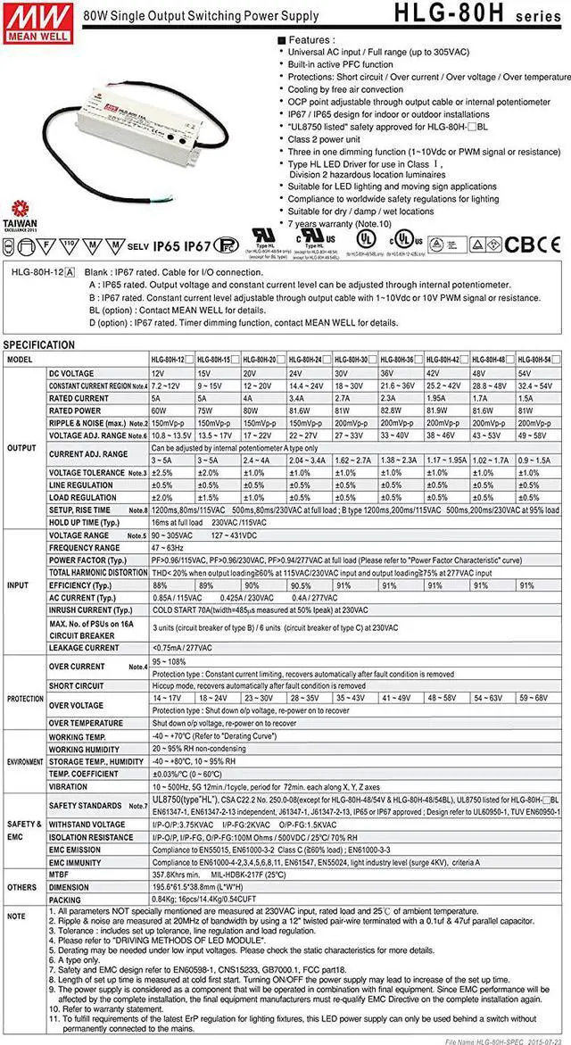 Alt view image 2 of 7 - MW Mean Well HLG-80H-12 12V 5A 60W Single Output LED Switching Power Supply