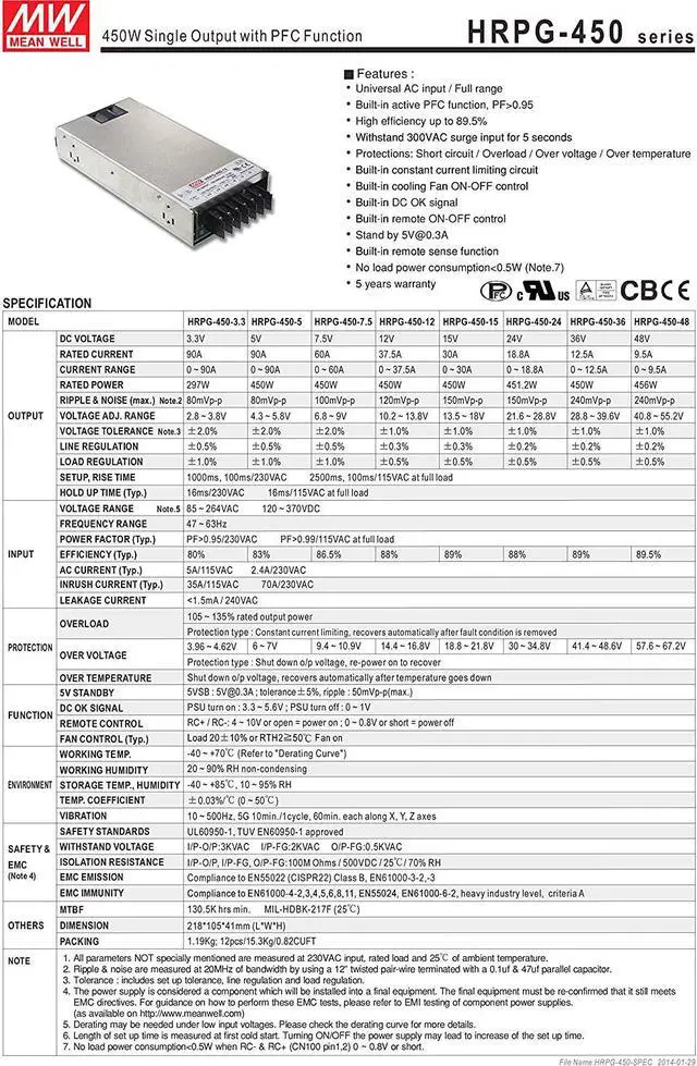 Alt view image 2 of 4 - MW Mean Well HRPG-450-12 12V 37.5A 450W Single Output with PFC Function Power Supply