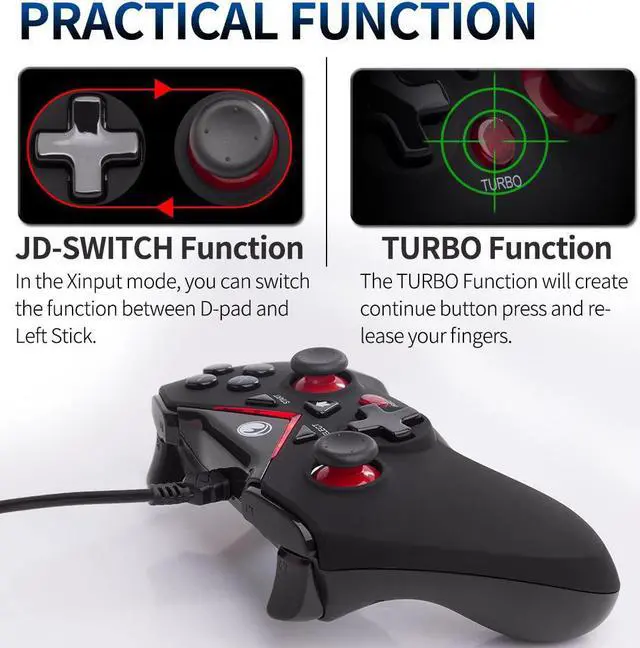 Alt view image 4 of 7 - V-one Wired USB Gaming Controller Gamepad Joystick for PC (Windows XP/7/8/10/11) & Steam & Android & PS3 - Red