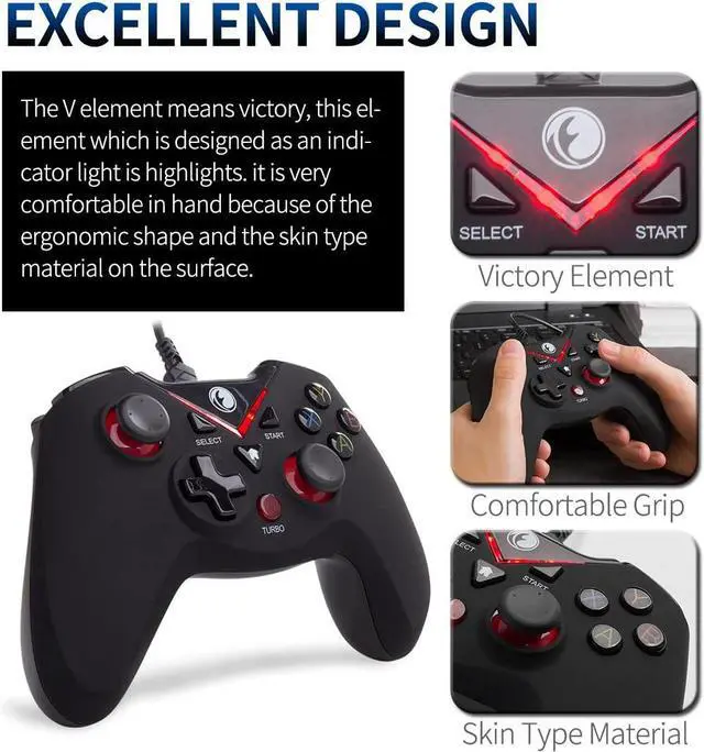 Alt view image 3 of 7 - V-one Wired USB Gaming Controller Gamepad Joystick for PC (Windows XP/7/8/10/11) & Steam & Android & PS3 - Red