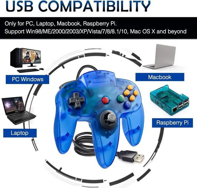Alt view image 3 of 7 - 2 Packs USB Retro Controllers for N64 Gaming, miadore PC Classic N64 Game Pad Joypad for Windows PC MAC Raspberry Pi (Clear Blue& Red)