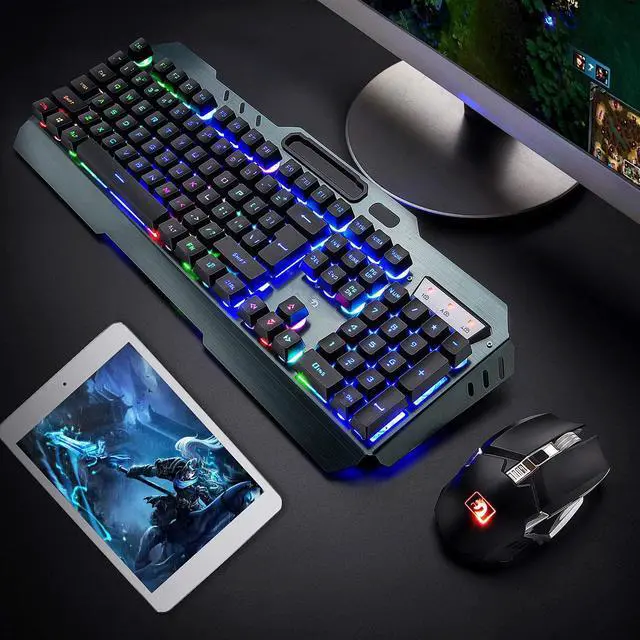 Alt view image 6 of 7 - Wireless Gaming Keyboard and Mouse, Rechargeable, Rainbow Backlit with 3800mAh Battery Metal Panel,Mechanical Feel Keyboard and 7 Color Mute Mouse for Windows Computer Gamers