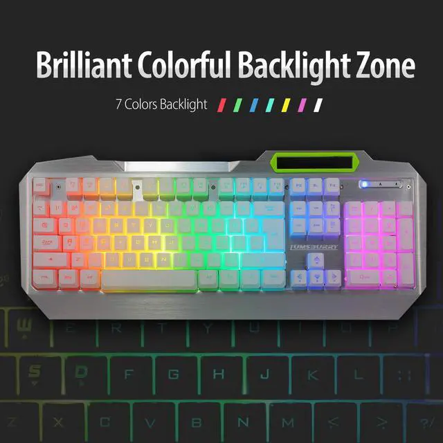 Alt view image 3 of 7 - RGB LED Backlit Gaming Keyboard with Anti-ghosting, Light up Keys Multimedia Control, USB Wired Waterproof Metal Keyboard for PC Games Office (Silver&White)