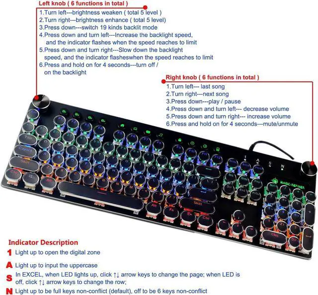 Alt view image 3 of 7 - MK13 RGB Mechanical Keyboard Retro Gaming Keyboard-Blue Switches-LED Backlit -Silver-Plating-2 Knob and 12 Multimedia Buttons-104 Round Key Illuminated Keyboard for PC Gaming and MAC (MK13 Black)