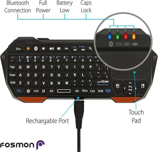 Alt view image 3 of 7 - Fosmon Mini Bluetooth Keyboard (QWERTY Keypad), Wireless Portable Lightweight with Built-In Touchpad, Compatible with Apple TV, PS4, HTPC/IPTVVR Glasses, Smartphones and more