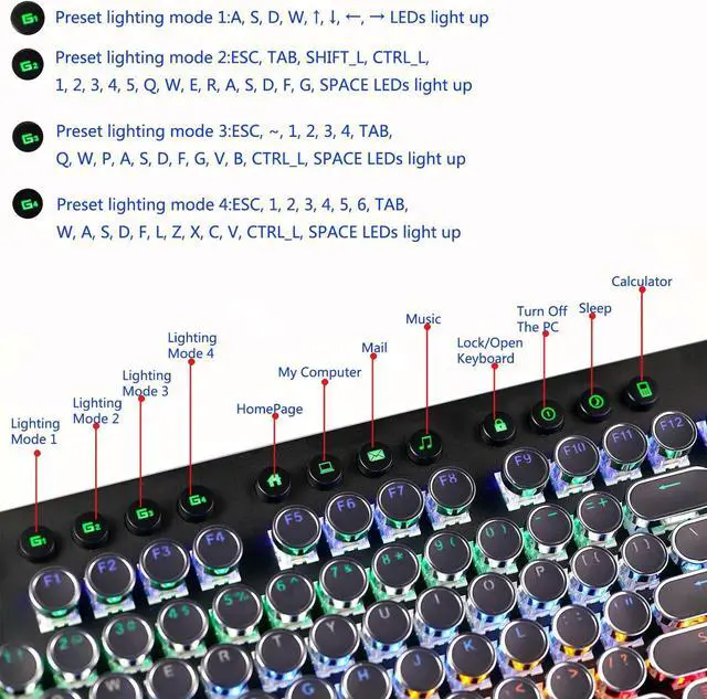 Alt view image 4 of 7 - MK13 RGB Mechanical Keyboard Retro Gaming Keyboard-Blue Switches-LED Backlit -Silver-Plating-2 Knob and 12 Multimedia Buttons-104 Round Key Illuminated Keyboard for PC Gaming and MAC (MK13 Black)