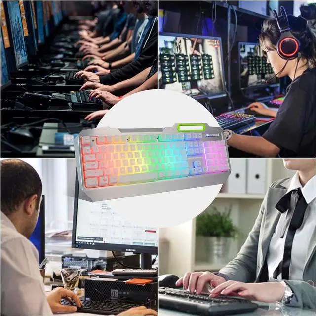 Alt view image 7 of 7 - RGB LED Backlit Gaming Keyboard with Anti-ghosting, Light up Keys Multimedia Control, USB Wired Waterproof Metal Keyboard for PC Games Office (Silver&White)