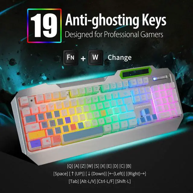 Alt view image 4 of 7 - RGB LED Backlit Gaming Keyboard with Anti-ghosting, Light up Keys Multimedia Control, USB Wired Waterproof Metal Keyboard for PC Games Office (Silver&White)