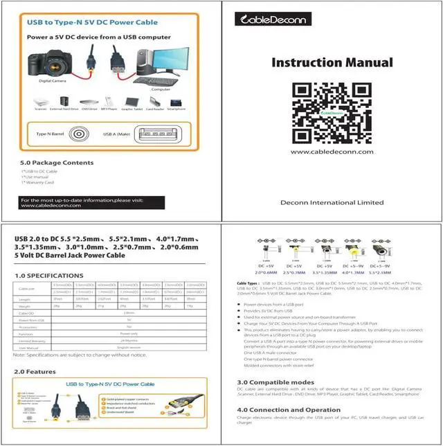 Alt view image 7 of 7 - CABLEDECONN USB A to DC 3.5 mm/1.35 mm 5 Volt DC Barrel Jack Power Cable