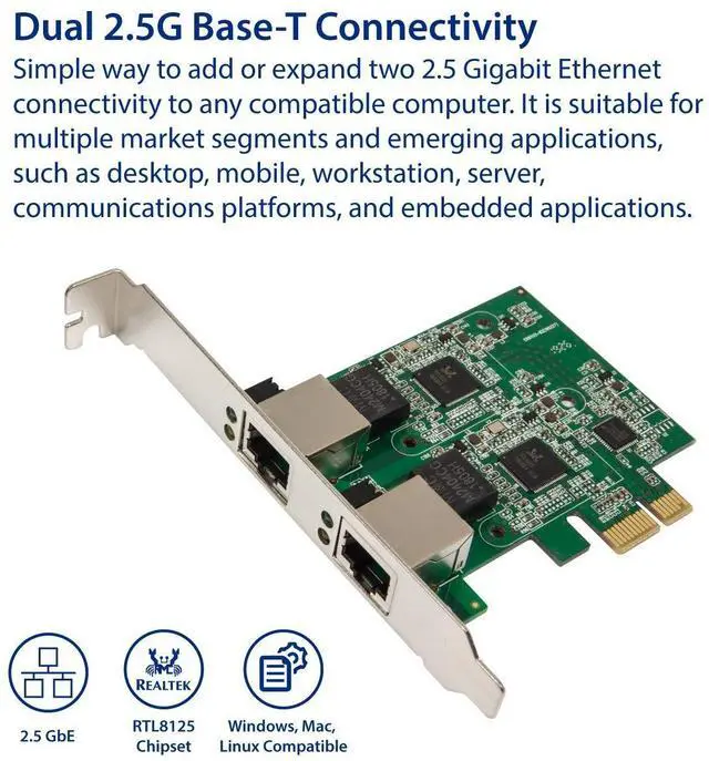 Alt view image 2 of 6 - Syba Dual 2.5 Gigabit Ethernet PCI Express PCI-E Network Controller Card 10/100/1000/25000 Mbps RJ45 LAN Adapter Low Profile Bracket
