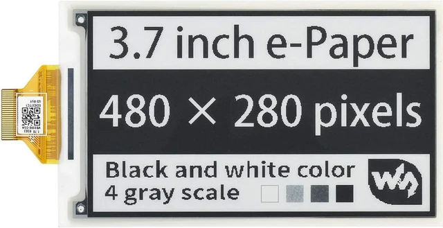 Main image of waveshare 3.7inch E-Paper E-Ink Raw Display Compatible with Raspberry Pi 4B/3B+/3B/2B/B+/A+/Zero/Zero W/WH/Zero 2W Series Boards 480×280 Pixels 4 Grey Scales Supports Partial Refresh