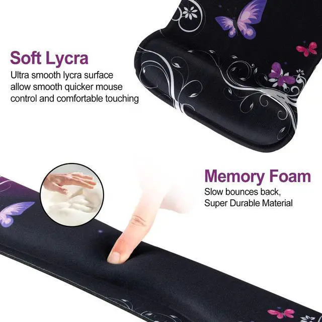 Alt view image 3 of 7 - ToLuLu Keyboard Wrist Rest Pad Ergonomic Mouse Pad Set, Mouse Pad for Computer Laptop, Non Slip Mousepad Keyboard Wrist Support with Raised Memory Foam for Easy Typing Pain Relief, Purple Butterfly