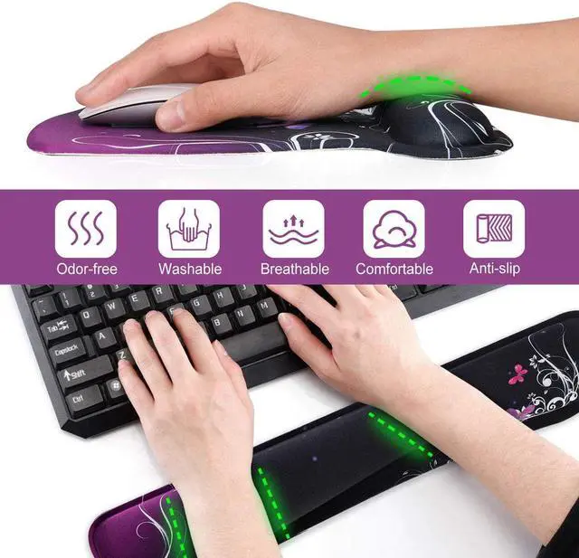 Alt view image 6 of 7 - ToLuLu Keyboard Wrist Rest Pad Ergonomic Mouse Pad Set, Mouse Pad for Computer Laptop, Non Slip Mousepad Keyboard Wrist Support with Raised Memory Foam for Easy Typing Pain Relief, Purple Butterfly