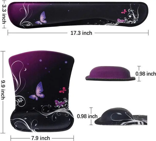 Alt view image 7 of 7 - ToLuLu Keyboard Wrist Rest Pad Ergonomic Mouse Pad Set, Mouse Pad for Computer Laptop, Non Slip Mousepad Keyboard Wrist Support with Raised Memory Foam for Easy Typing Pain Relief, Purple Butterfly