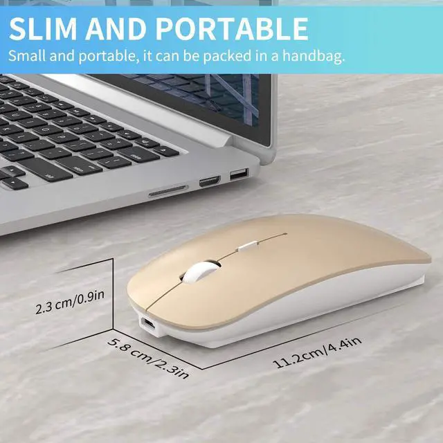 Alt view image 6 of 6 - 2.4GHz Wireless Bluetooth Mouse, 3 Adjustable DPI, Dual Mode Slim Rechargeable Wireless Mouse Silent USB Mice,Compatible for Laptop Windows Mac Android MAC PC Computer (Gold)