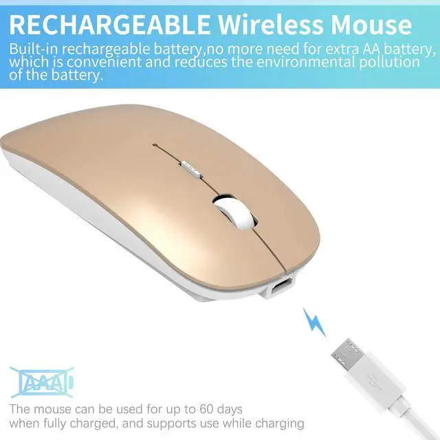 Alt view image 3 of 6 - 2.4GHz Wireless Bluetooth Mouse, 3 Adjustable DPI, Dual Mode Slim Rechargeable Wireless Mouse Silent USB Mice,Compatible for Laptop Windows Mac Android MAC PC Computer (Gold)