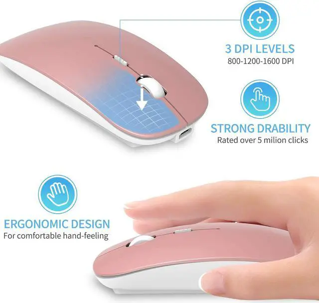 Alt view image 4 of 6 - 2.4GHz Wireless Bluetooth Mouse, 3 Adjustable DPI, Dual Mode Slim Rechargeable Wireless Mouse Silent USB Mice,Compatible for Laptop Windows Mac Android MAC PC Computer (Rose Gold)