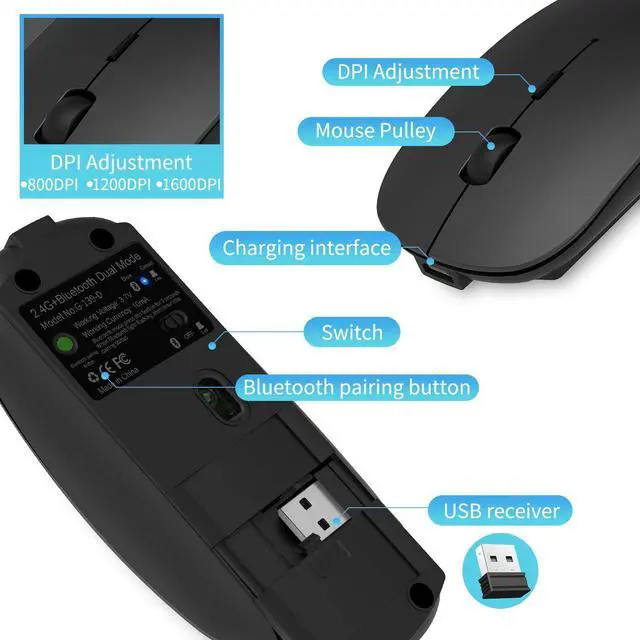 Alt view image 6 of 7 - 2.4GHz Wireless Bluetooth Mouse, 3 Adjustable DPI, Dual Mode Slim Rechargeable Wireless Mouse Silent USB Mice,Compatible for Laptop Windows Mac Android MAC PC Computer (Black)