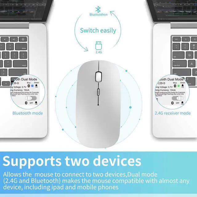 Alt view image 2 of 7 - 2.4GHz Wireless Bluetooth Mouse, 3 Adjustable DPI, Dual Mode Slim Rechargeable Wireless Mouse Silent USB Mice,Compatible for Laptop Windows Mac Android MAC PC Computer (Silver)