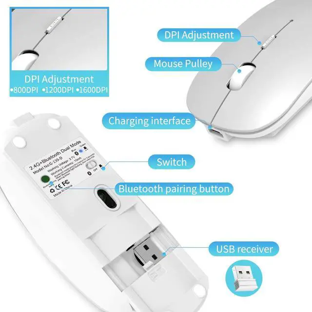 Alt view image 6 of 7 - 2.4GHz Wireless Bluetooth Mouse, 3 Adjustable DPI, Dual Mode Slim Rechargeable Wireless Mouse Silent USB Mice,Compatible for Laptop Windows Mac Android MAC PC Computer (Silver)