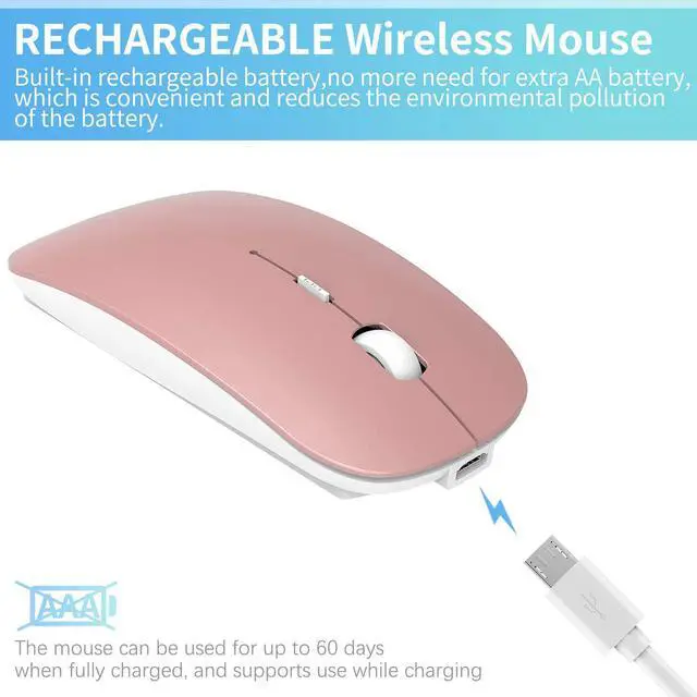 Alt view image 3 of 6 - 2.4GHz Wireless Bluetooth Mouse, 3 Adjustable DPI, Dual Mode Slim Rechargeable Wireless Mouse Silent USB Mice,Compatible for Laptop Windows Mac Android MAC PC Computer (Rose Gold)