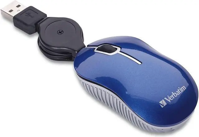 Main image of Wired Optical Computer Mini USB-A Mouse - Plug & Play Corded Small Travel Mouse with Retractable Cable  Blue 98616