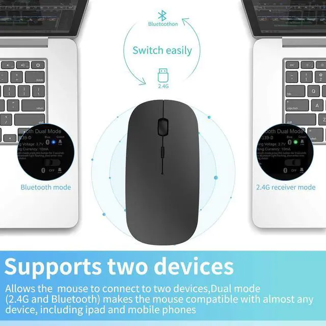 Alt view image 2 of 7 - 2.4GHz Wireless Bluetooth Mouse, 3 Adjustable DPI, Dual Mode Slim Rechargeable Wireless Mouse Silent USB Mice,Compatible for Laptop Windows Mac Android MAC PC Computer (Black)