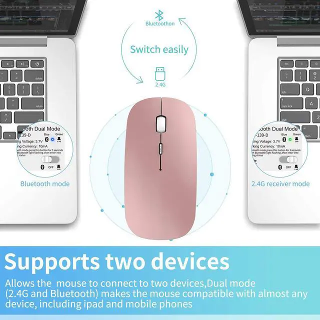 Alt view image 2 of 6 - 2.4GHz Wireless Bluetooth Mouse, 3 Adjustable DPI, Dual Mode Slim Rechargeable Wireless Mouse Silent USB Mice,Compatible for Laptop Windows Mac Android MAC PC Computer (Rose Gold)