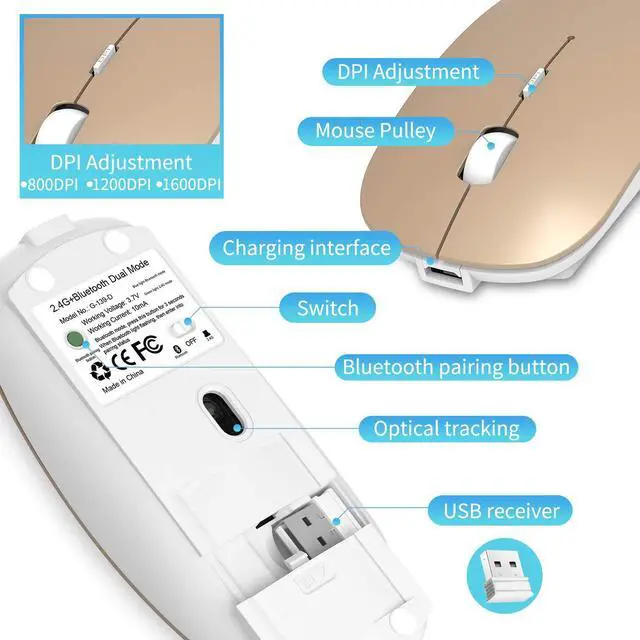 Alt view image 5 of 6 - 2.4GHz Wireless Bluetooth Mouse, 3 Adjustable DPI, Dual Mode Slim Rechargeable Wireless Mouse Silent USB Mice,Compatible for Laptop Windows Mac Android MAC PC Computer (Gold)