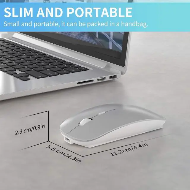 Alt view image 7 of 7 - 2.4GHz Wireless Bluetooth Mouse, 3 Adjustable DPI, Dual Mode Slim Rechargeable Wireless Mouse Silent USB Mice,Compatible for Laptop Windows Mac Android MAC PC Computer (Silver)