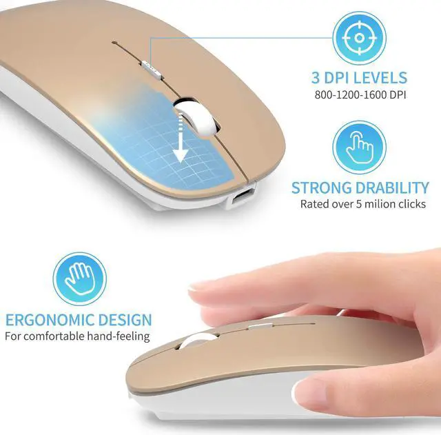 Alt view image 4 of 6 - 2.4GHz Wireless Bluetooth Mouse, 3 Adjustable DPI, Dual Mode Slim Rechargeable Wireless Mouse Silent USB Mice,Compatible for Laptop Windows Mac Android MAC PC Computer (Gold)