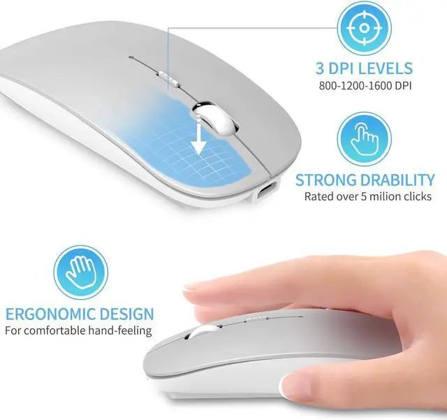 Alt view image 5 of 7 - 2.4GHz Wireless Bluetooth Mouse, 3 Adjustable DPI, Dual Mode Slim Rechargeable Wireless Mouse Silent USB Mice,Compatible for Laptop Windows Mac Android MAC PC Computer (Silver)