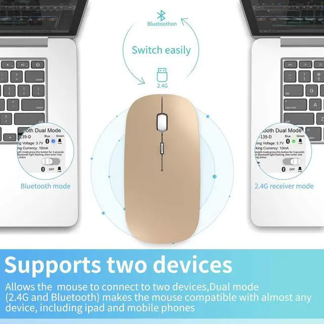 Alt view image 2 of 6 - 2.4GHz Wireless Bluetooth Mouse, 3 Adjustable DPI, Dual Mode Slim Rechargeable Wireless Mouse Silent USB Mice,Compatible for Laptop Windows Mac Android MAC PC Computer (Gold)