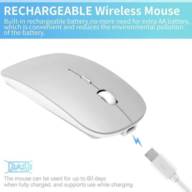 Alt view image 3 of 7 - 2.4GHz Wireless Bluetooth Mouse, 3 Adjustable DPI, Dual Mode Slim Rechargeable Wireless Mouse Silent USB Mice,Compatible for Laptop Windows Mac Android MAC PC Computer (Silver)
