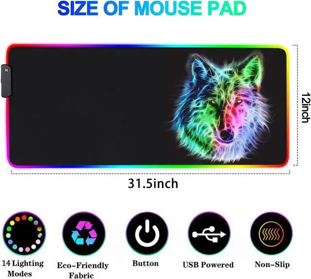 Alt view image 2 of 7 - RGB Gaming Mouse Pad - 14 Light Modes Extended Computer Keyboard Mat Anime LED Mouse Pad LargeHigh-Performance Mouse Pad Optimized for Gamer 31.5 X 12in (Wolf Mouse pad)