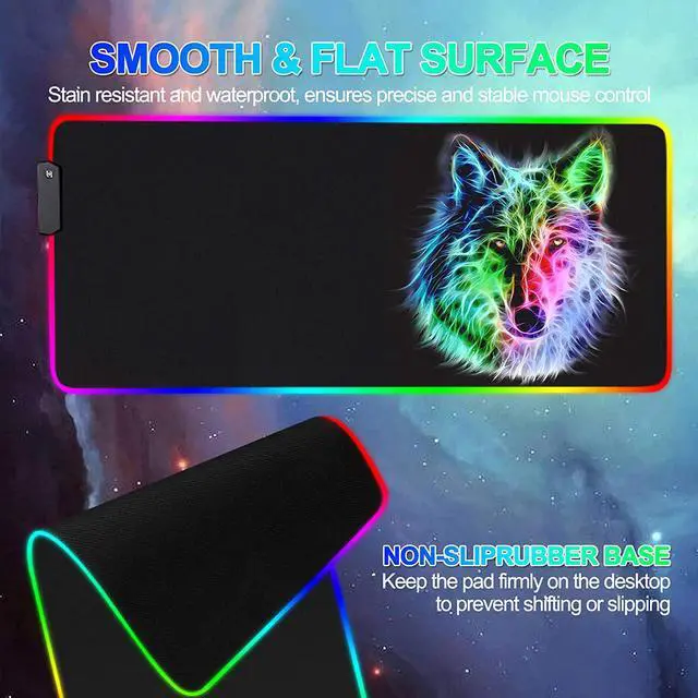 Alt view image 3 of 7 - RGB Gaming Mouse Pad - 14 Light Modes Extended Computer Keyboard Mat Anime LED Mouse Pad LargeHigh-Performance Mouse Pad Optimized for Gamer 31.5 X 12in (Wolf Mouse pad)