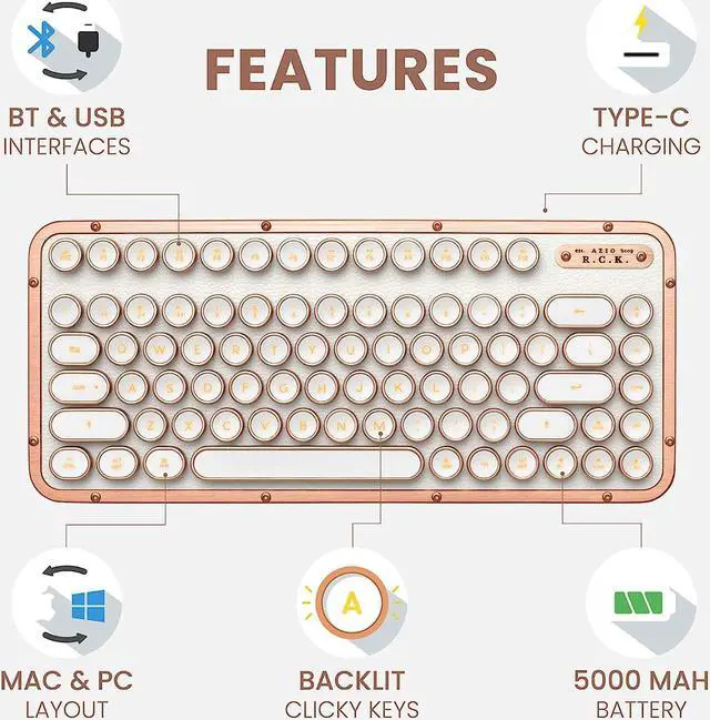 Alt view image 6 of 7 - Azio Retro Compact Keyboard (Posh) - Bluetooth Wireless/USB Wired Vintage Backlit White Leather Mechanical Keyboard with Arm Rest for Mac and PC (MK-RCK-L-02-US)