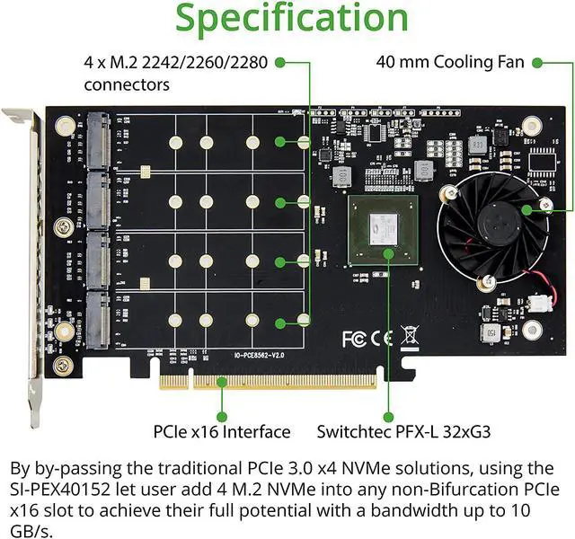 Alt view image 3 of 5 - Quad M.2 NVMe Ports to PCIe 3.0 x16 Bifurcation Riser Controller - Support Non-Bifurcation Motherboard