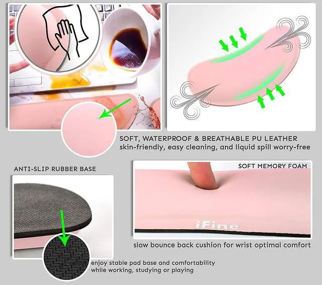 Alt view image 2 of 7 - iFine Upgrade Cleanable PU Leather Keyboard Wrist Rest Pad & Mouse Wrist Cushion Support for School, Office, Home, Computer, Laptop, Mac, Waterproof Lightweight Comfortable Pain Relief Typing -Pink