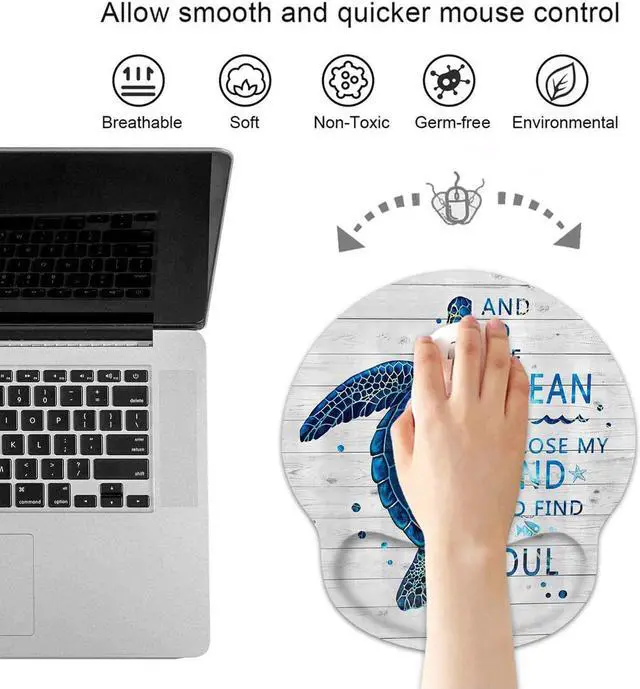 Alt view image 2 of 7 - Ergonomic Mouse Pad Wrist Support and Coffee Coaster, Funny Words with Blue Sea Turtle on Rustic Wooden Board Design Wrist Rest Mousepad, Pain Relief Wrist Mouse Pads for Computer Laptop Home Office