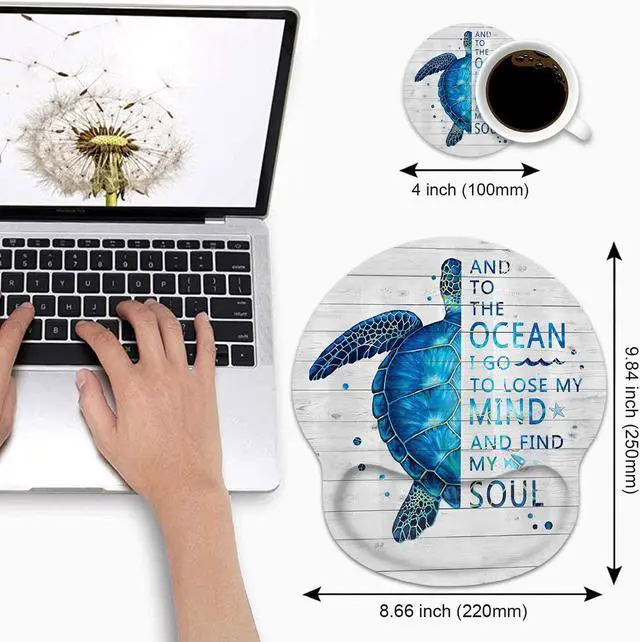 Alt view image 3 of 7 - Ergonomic Mouse Pad Wrist Support and Coffee Coaster, Funny Words with Blue Sea Turtle on Rustic Wooden Board Design Wrist Rest Mousepad, Pain Relief Wrist Mouse Pads for Computer Laptop Home Office
