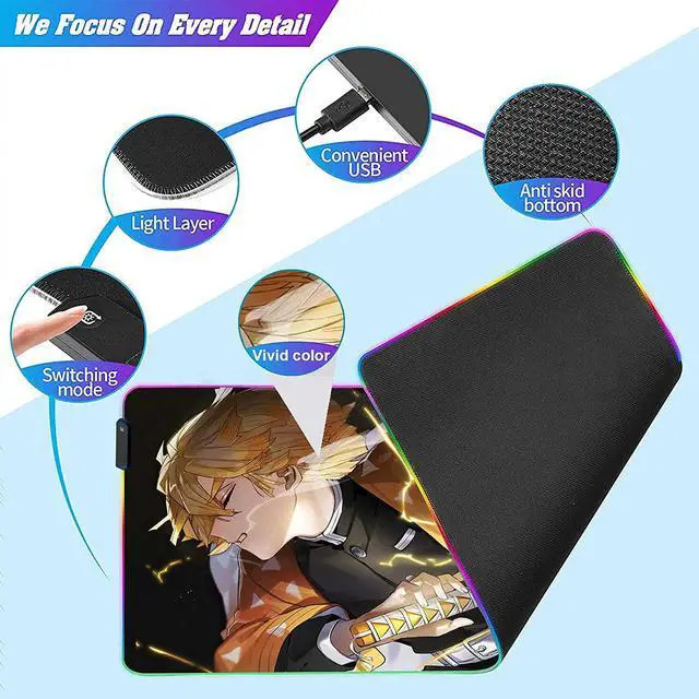 Alt view image 4 of 7 - RGB Mouse pad Anime Zenitsu Agatsuma Custom Design Mousepad,Mouse Pads with Non-Slip Rubber Base,Stitched Edges Mouse mat,Washable Desk pad for Computer Keyboard mice Laptop & PC,35.4x15.7 inch