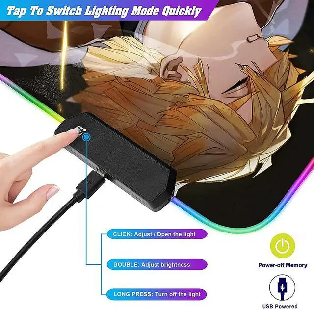Alt view image 7 of 7 - RGB Mouse pad Anime Zenitsu Agatsuma Custom Design Mousepad,Mouse Pads with Non-Slip Rubber Base,Stitched Edges Mouse mat,Washable Desk pad for Computer Keyboard mice Laptop & PC,35.4x15.7 inch