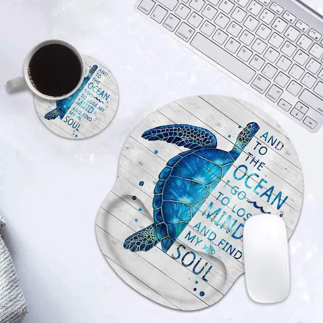 Alt view image 4 of 7 - Ergonomic Mouse Pad Wrist Support and Coffee Coaster, Funny Words with Blue Sea Turtle on Rustic Wooden Board Design Wrist Rest Mousepad, Pain Relief Wrist Mouse Pads for Computer Laptop Home Office
